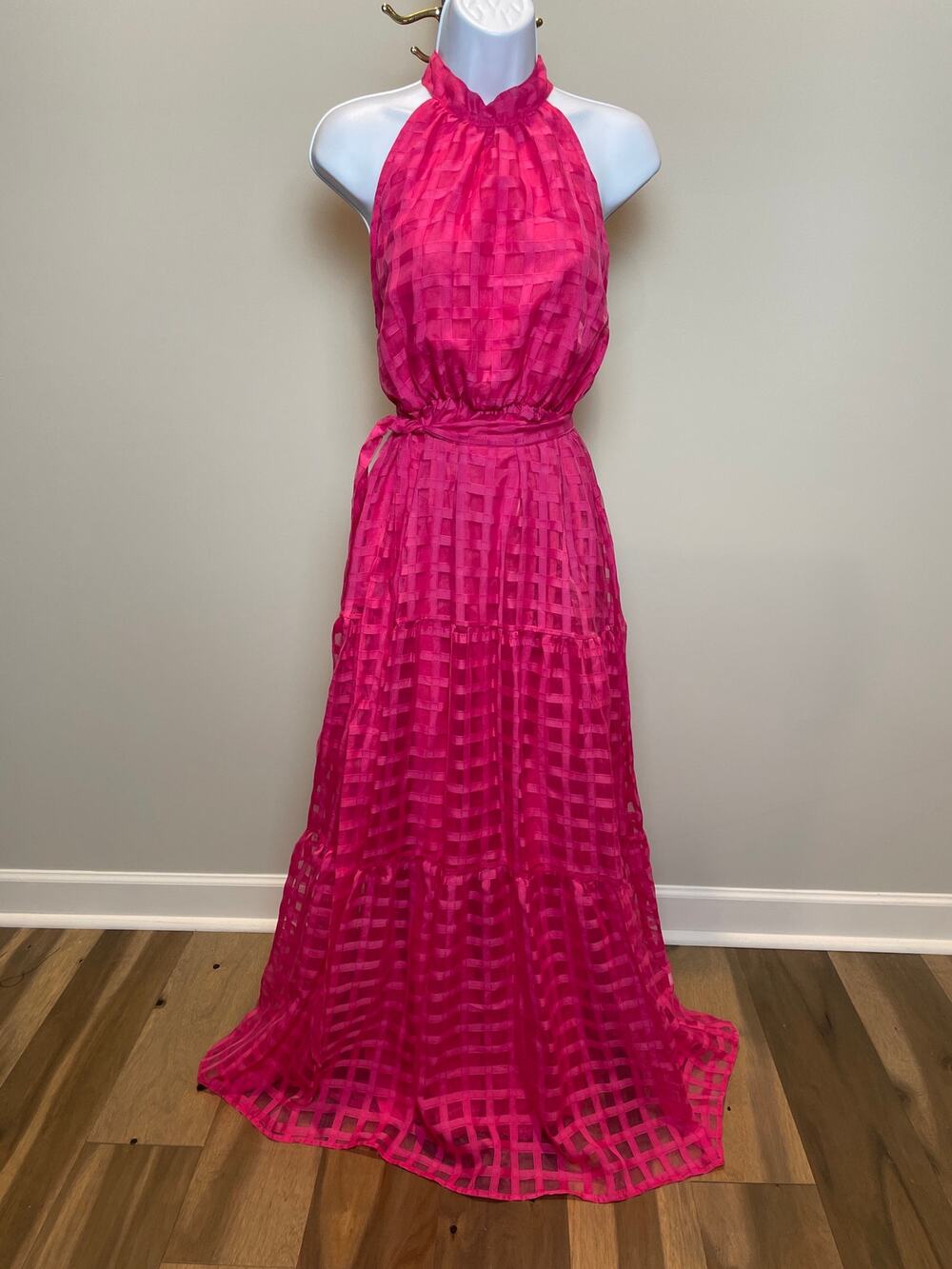 ChicWish Pink Dress with Solid & Sheer Checkered Overlay Halter Ruffle Neck Sz M